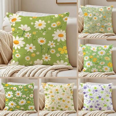 Housse de coussin à motif petites marguerites esthétique Taie d'oreiller Anti-acariens Fermeture éclair invisible Peluche courte Coussin de canapé