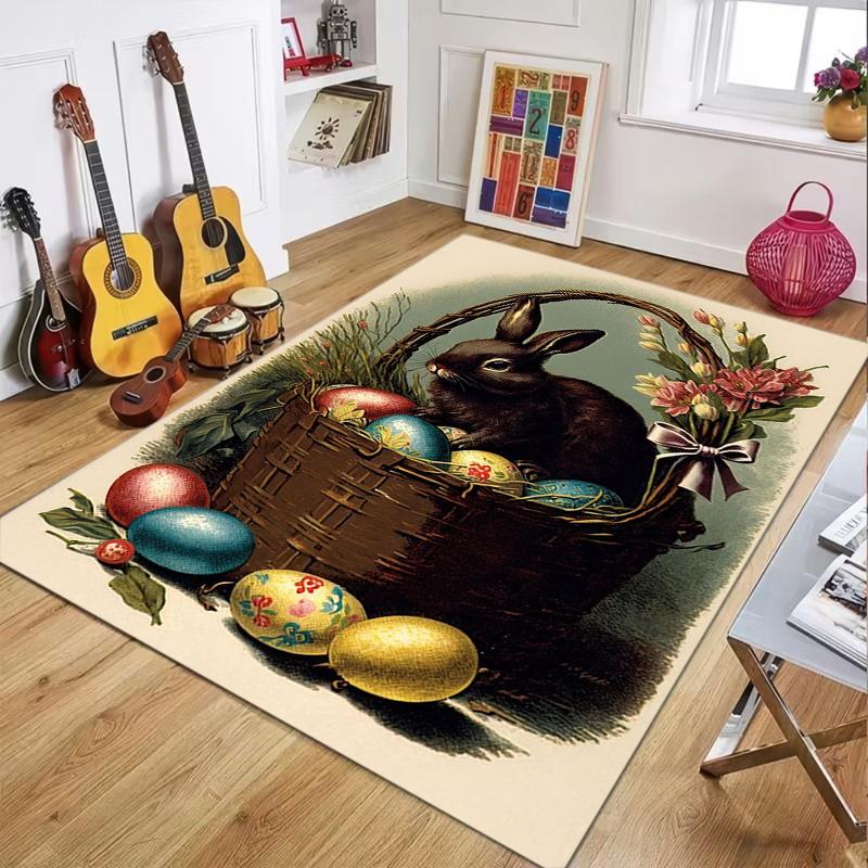 Vintage Easter Bunny Rug Floral & Egg Print Non-slip Washable Durable Floor Mat for Living Room Bedroom Decor