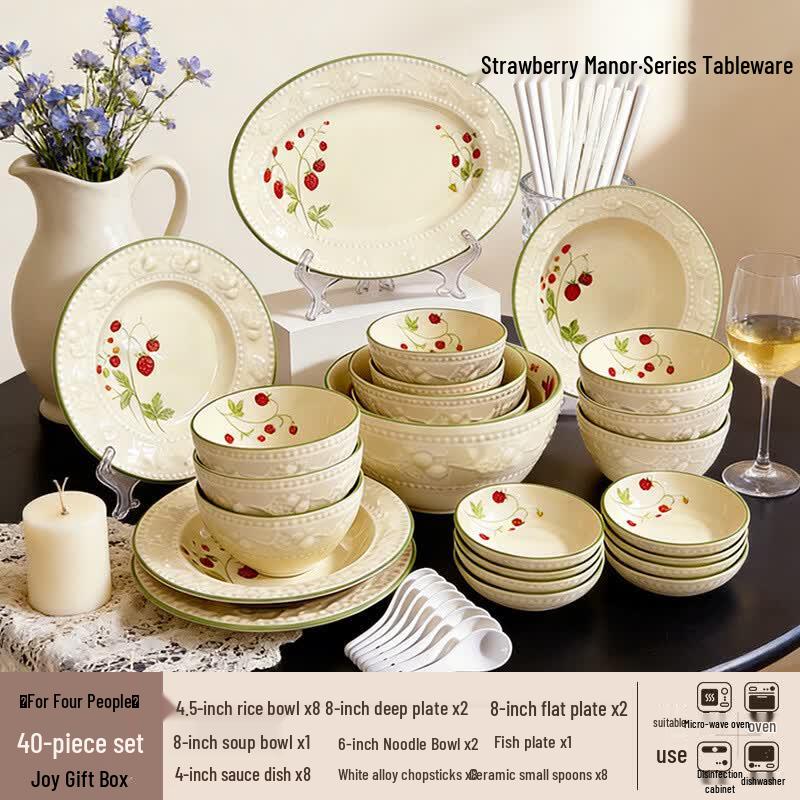 Strawberry Manor 40-Piece Ceramic Dinnerware Set