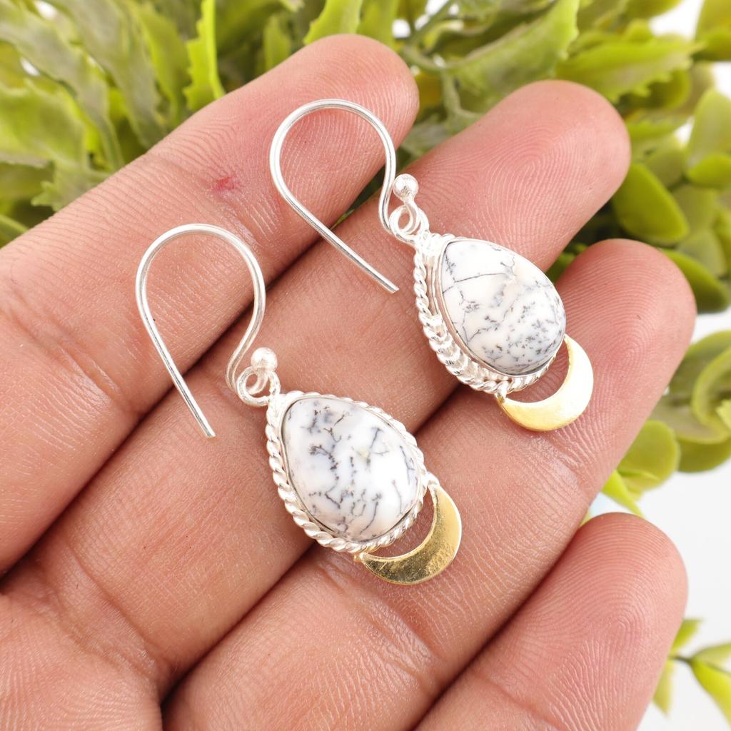 Dendritischer Opal Edelstein 925 Sterling Silber Schmuck Ohrringe 1,5" Jahrestagsgeschenk EE-162-25