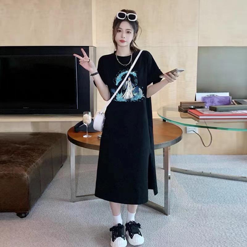 Women's Printed T-shirt Dress Short Sleeve Summer Loose Medium Length Plus Size Casual Dress