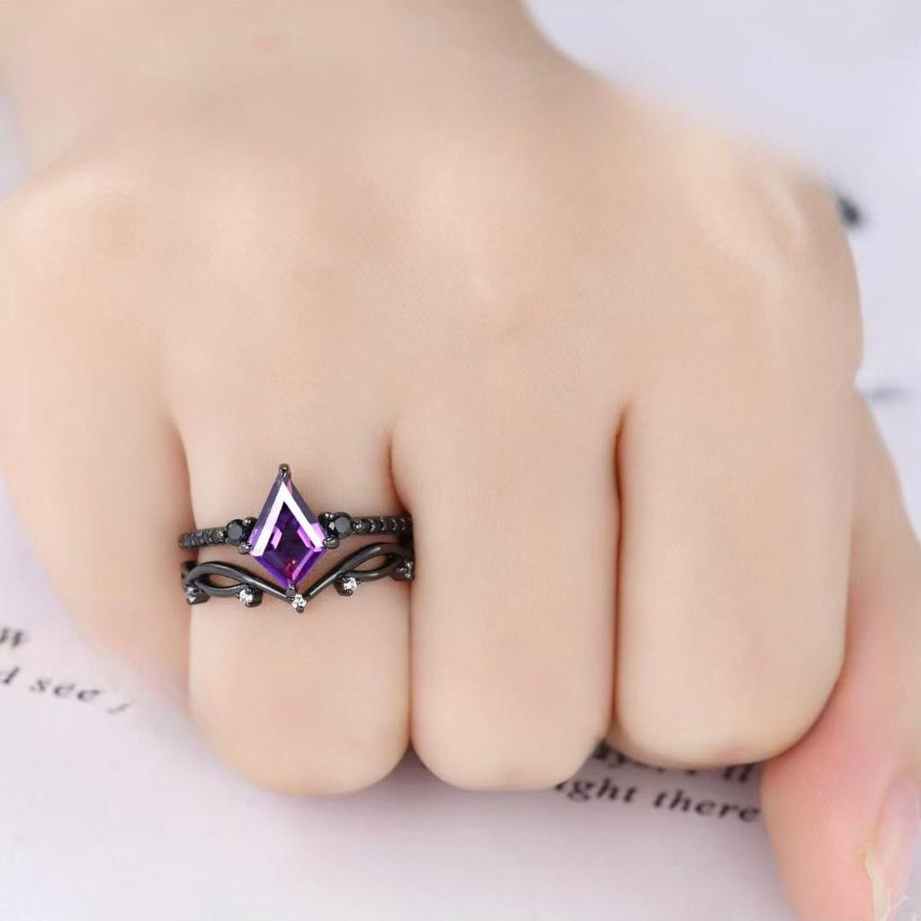 Three Heroes Retro Amethyst Gemstone & Diamond Couple Rings in Gun Black Finish