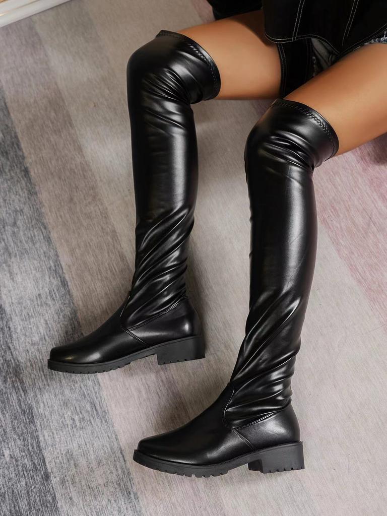 New European and American style women's long boots with low elasticity and thick heels  Lady's boots