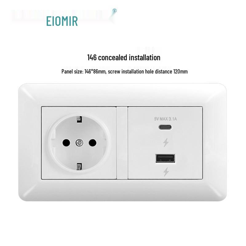 Curved White European Standard Socket Panel with Double USB & Type C, German Switch, Concealed Installation