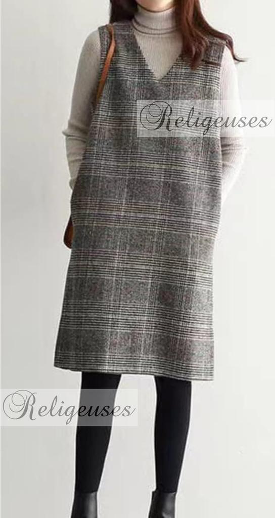 Religeuses Layered Tight Dress with Checkered Sleeveless Long Knit Dress Women's Print, V-Neck, (Medium)