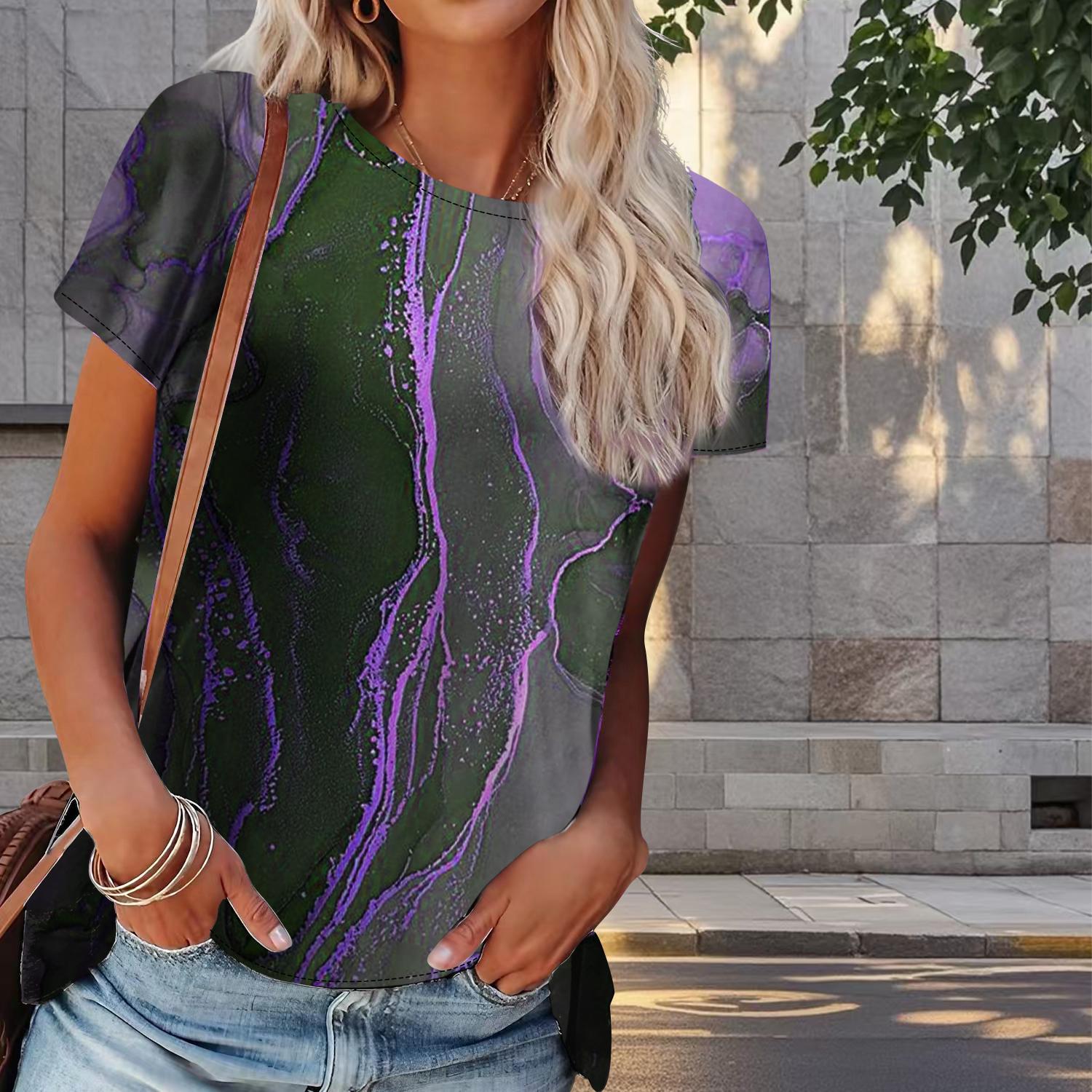 

Женская летняя футболка с мраморным принтом в стиле ретро, футболки с коротким рукавом, повседневные топы с принтом 6XL фиолетовый