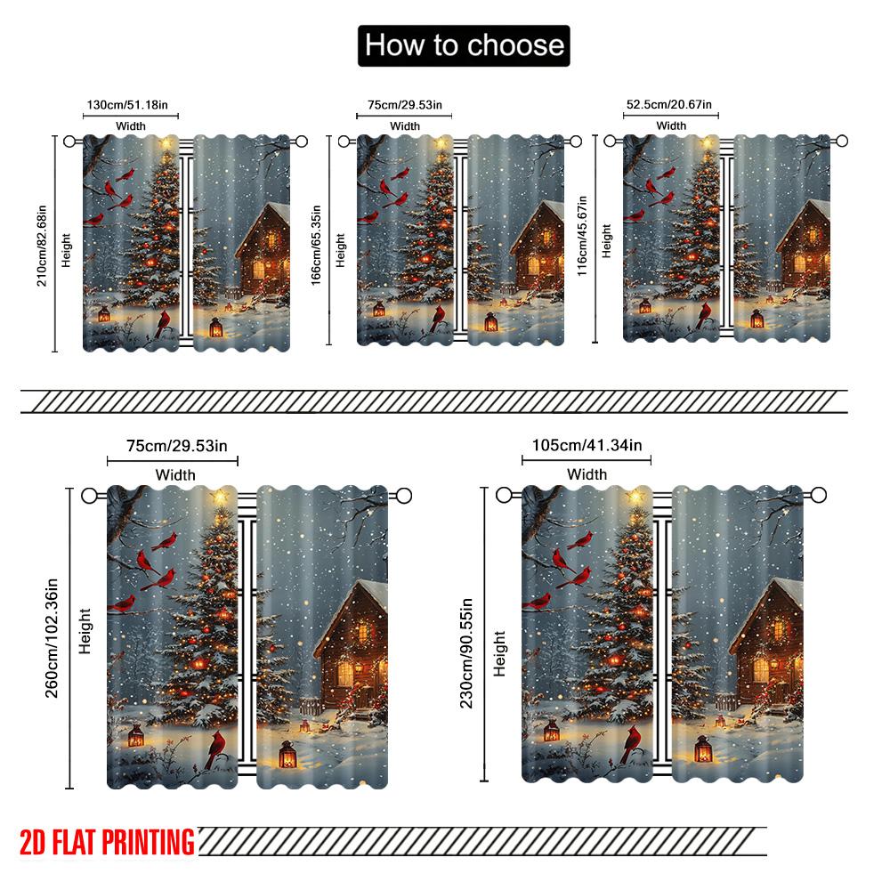 2pcs 2D flat printing Christmas Curtains Snow Christmas tree_ red card Versatile Polyester Without Electricity Family Party for