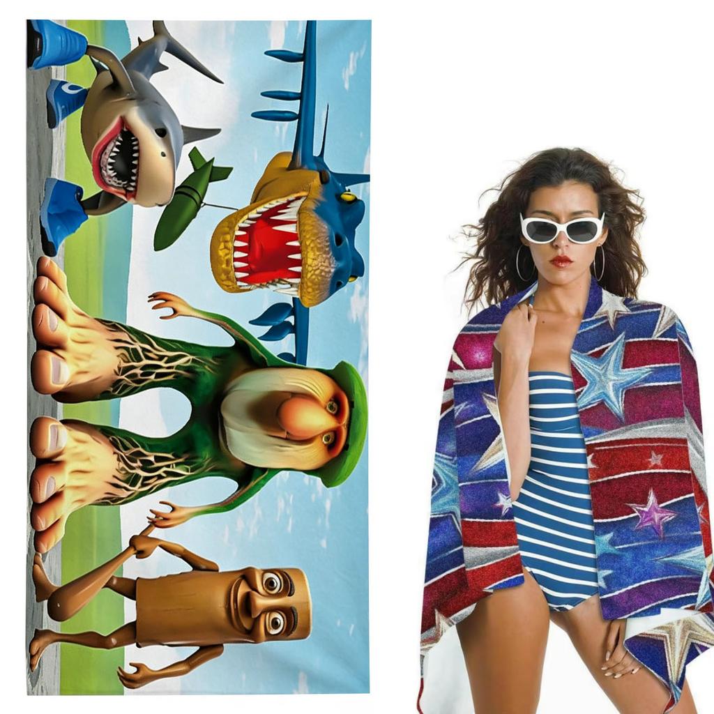 1Pc Funny Cartoon Character Beach Towel Microfiber Soft Skin Friendly Quick Dry Unique Cute Design Essential Beach Accessories