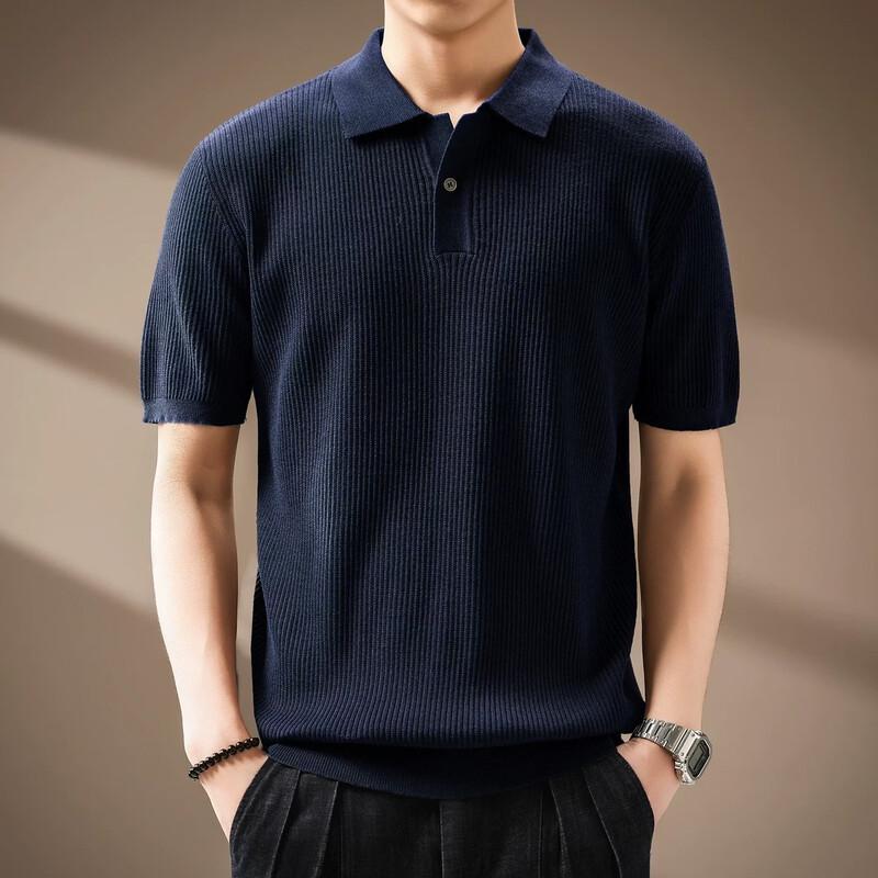 Men s Premium Ice Silk Striped Knitted Polo Shirt XL