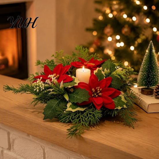 Seasonal Home Table Accent Christmas Candlestick Wreath, Red Poinsettia Pine Needle Candle Ring Decorative Base Wreath with Berries, Tabletop