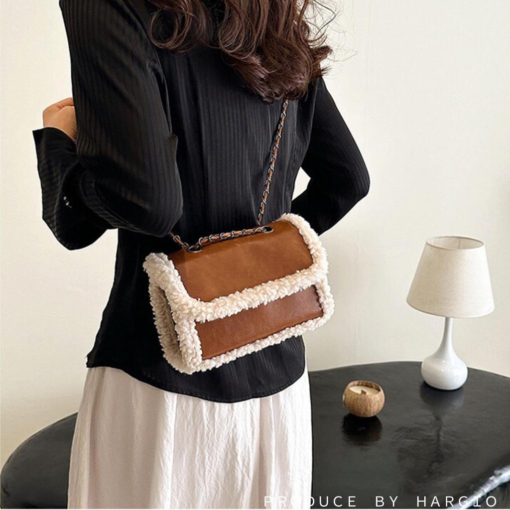 Harujio Fluffy Boa Shoulder Small Crossbody Mini Shoulder Bag with Available In Black and Popular Korean Stylish and Cute Women's Bag, Bag, Chain,