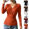 Damen Langarm V-Ausschnitt Bluse mit Kreuzfront und geraffter Taille für Herbst Winter