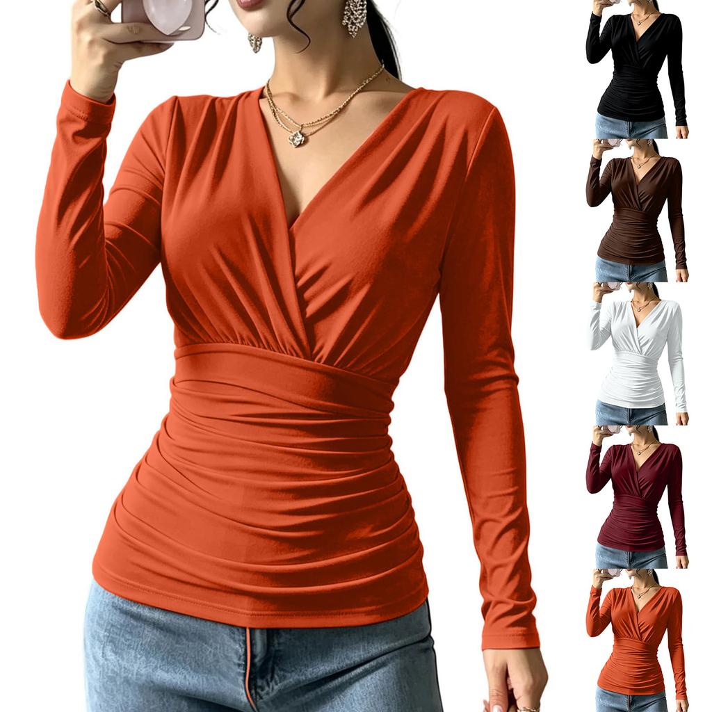 Damen Langarm V-Ausschnitt Bluse mit Kreuzfront und geraffter Taille für Herbst Winter