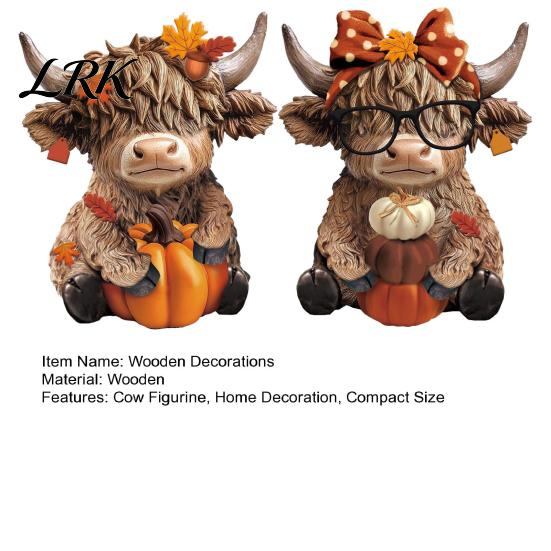 Woodcraft Fall Decor 2PCS Autumn Highland Cow Ornament, Thanksgiving Day Theme Wooden Decoration, with Figurines Exquisite Details Figurine, for Home
