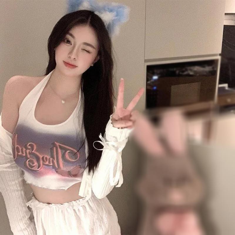 Lato Y2K Print Halter Tank Top dla kobiet z wycięciem Bodycon bez rękawów krótki top z odkrytymi plecami urocza damska koszulka ubrania topy typu tuba