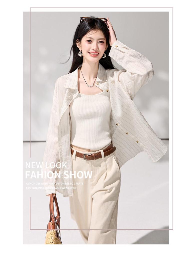 2026 Spring Women's Striped Cotton Linen Sun Protection Shirt - Loose, Long Sleeve, Mid-Length Outerwear Top