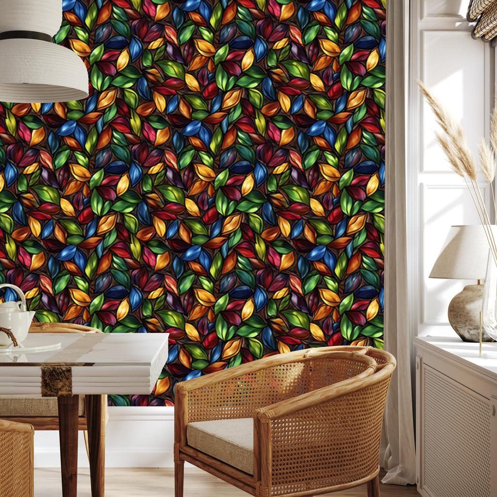Burgundy, rust and navy blue stained glass wallpaper for living room and bedroom 50x1000
