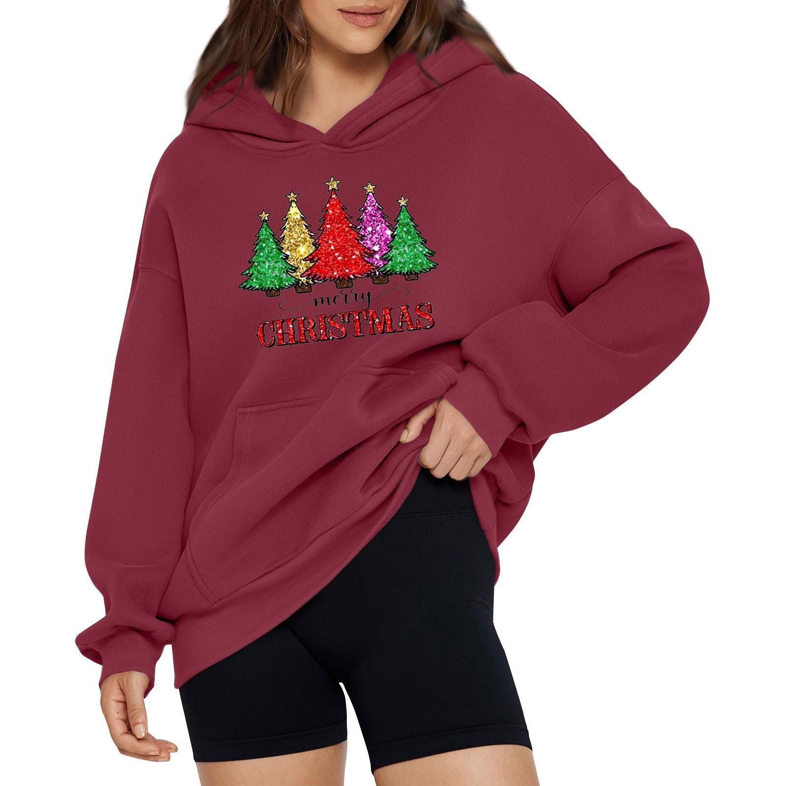 

Женская модная свободная толстовка с капюшоном и рождественским принтом, длинный рукав, пуловер XXL винный