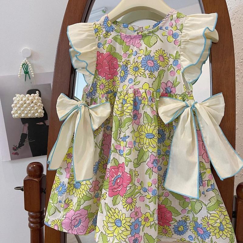 Floral Dress Flower Girls Casual Wedding Dress with Flower Print Baby Girl Dress