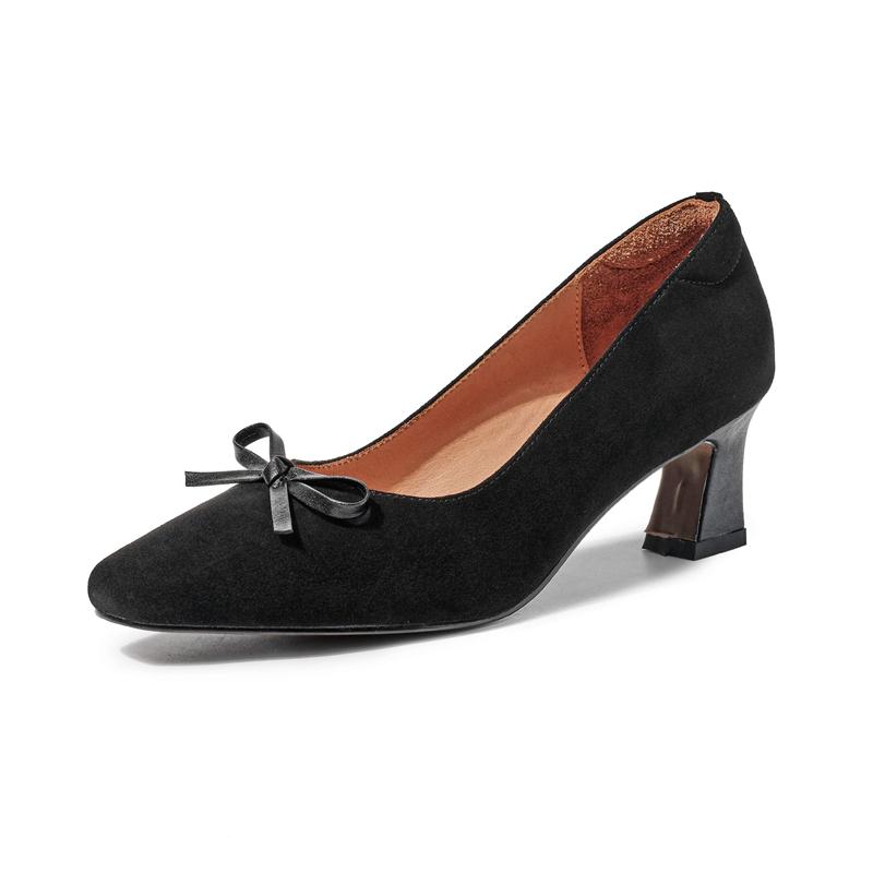 Krazing Pot Scarpe Estive con Tacco Alto Punta Quadrata in Pelle di Mucca Taglia Grande 41 Pompe Basse da Donna con Fiocco a Farfalla
