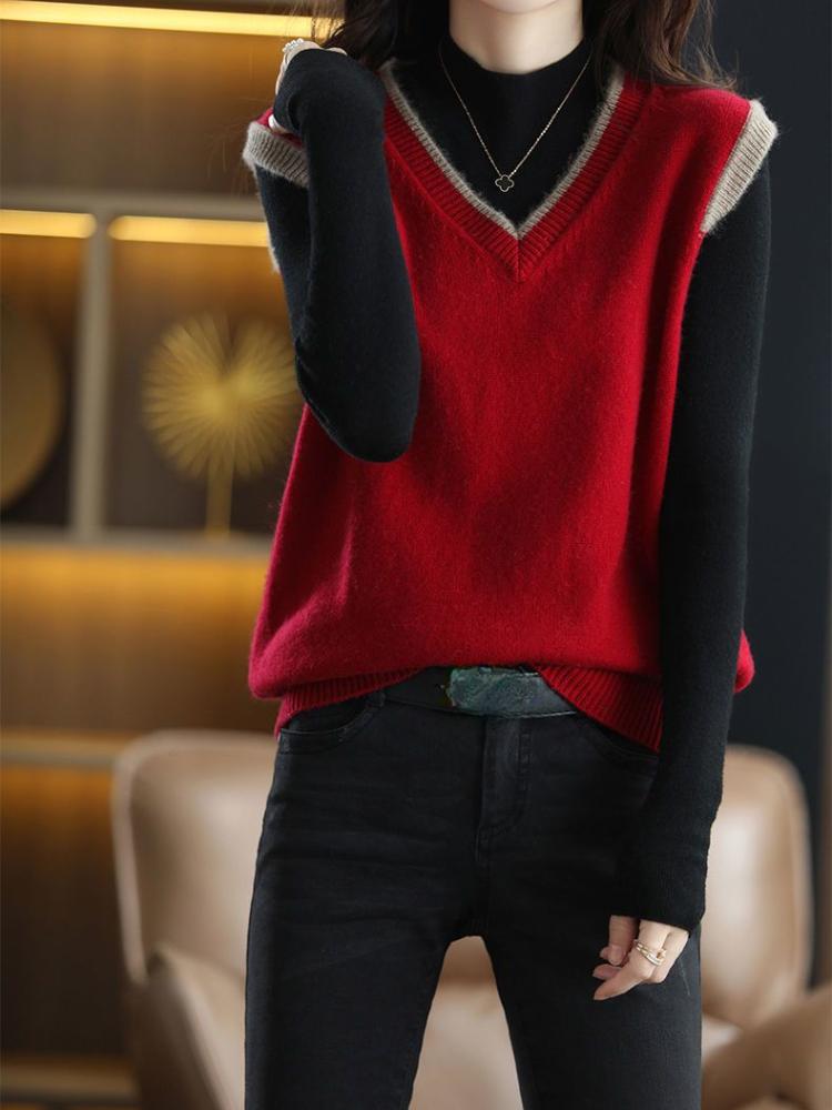 Solid Color V Neck Sweater Vest, Casual Sleeveless Knit Vest for Spring & Fall, Women's Clothing