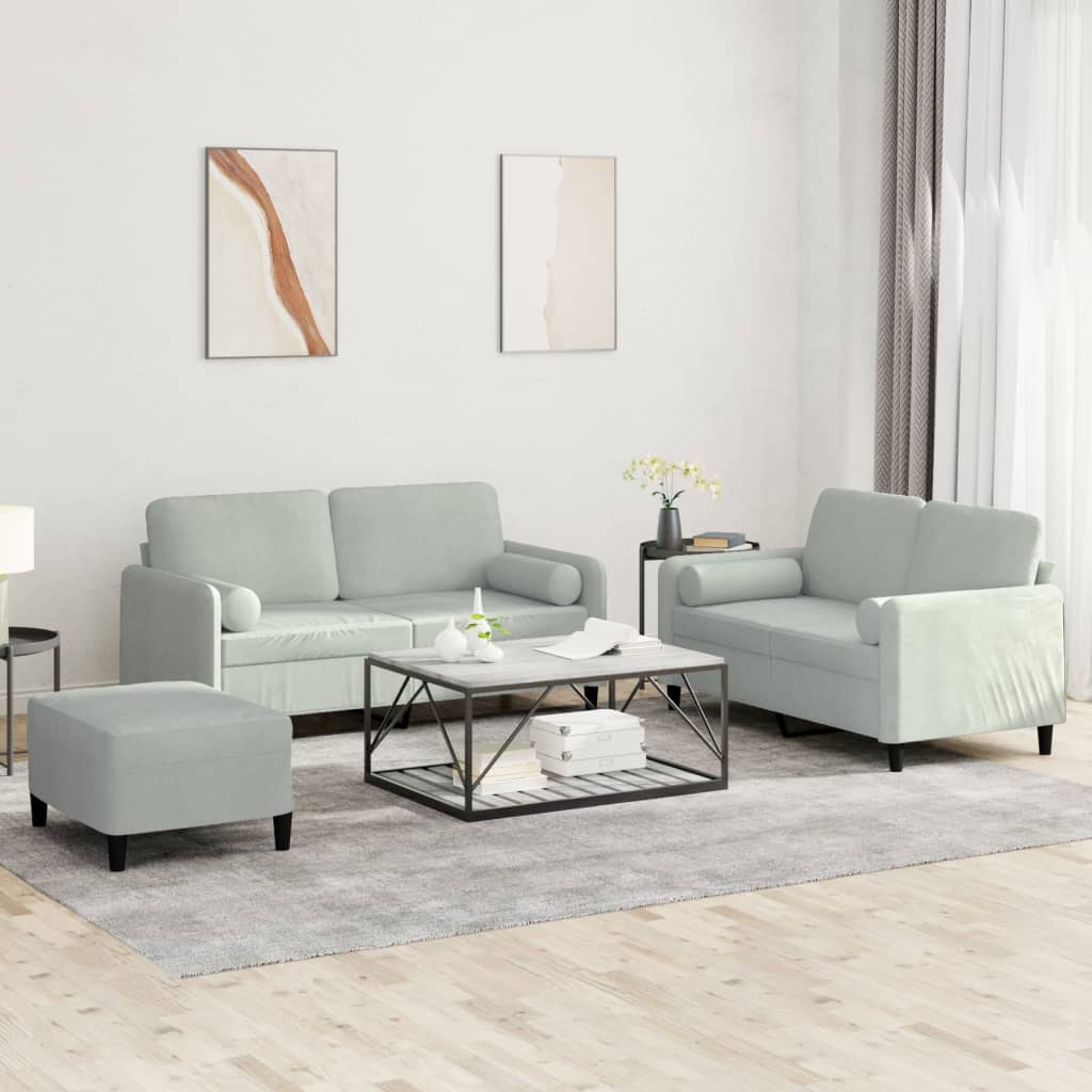 3 Piece Sofa Set with Cushions Light Grey Velvet