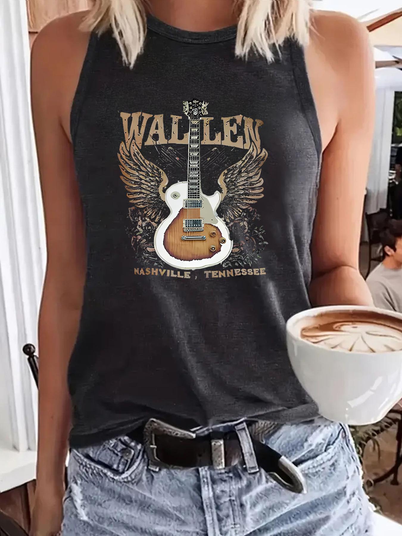 

Женский танк-топ на тонких бретелях без спинки с принтом гитары L темно-серого