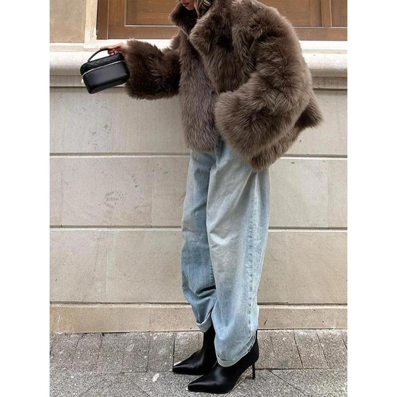 Faux Fur Collar Short Coat Warm Fluffy Winter Outerwear for Women
