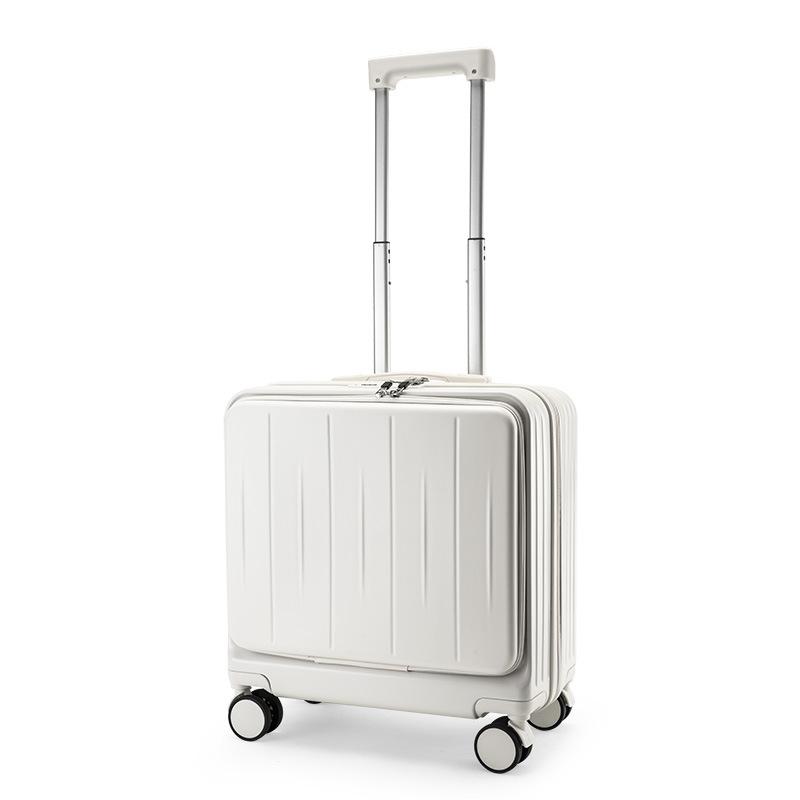 20-inch front-opening trolley case with PC material and password lock.
