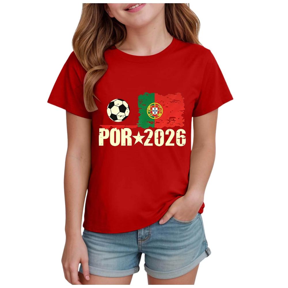 Kinder Mädchen 2026 Portugal Fußball T-Shirt Vintage Portugal Flagge Fußball Aufdruck Kurzarm Jungen und Mädchen Sommer Freizeit Oberteile