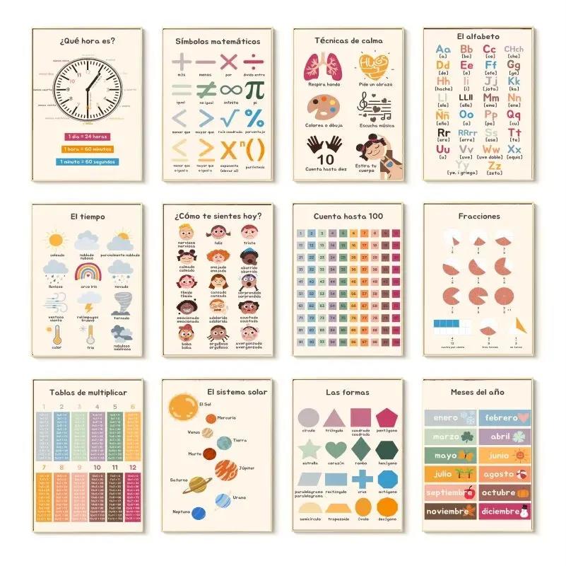 Boho Wandkunst Zahlen Alphabet Lernposter Spanisch Pädagogische Poster und Drucke Kinder Kleinkind Spielzimmer Dekor Leinwandmalerei