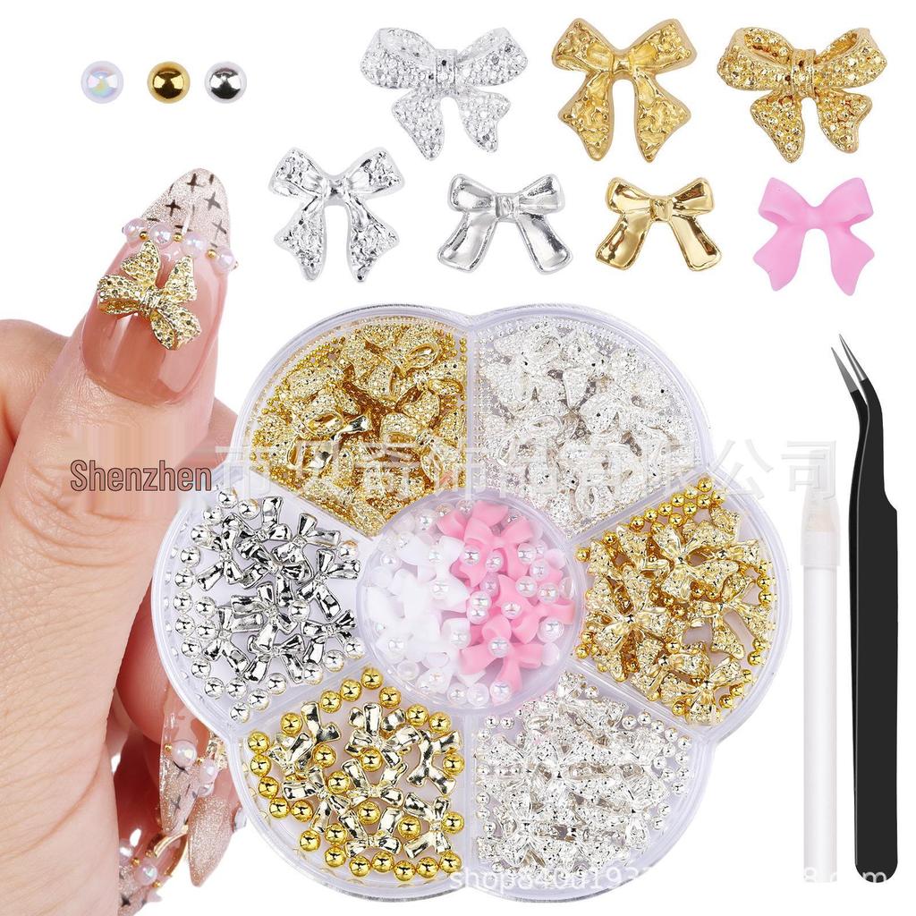 2026 Trendy Nail Art Rhinestones: Mixed Styles Metal Bow, Flat-Backed, Seven-Grids Nail Decorations