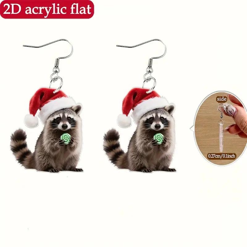Cross-border cute raccoon eats candy earrings, European and American acrylic Christmas gifts, Christmas hats, cartoon animal earrings.