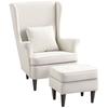 Armchair with Footrest High Tufted Backrest Wooden Legs Padded Pillow and Linen Upholstery Beige
