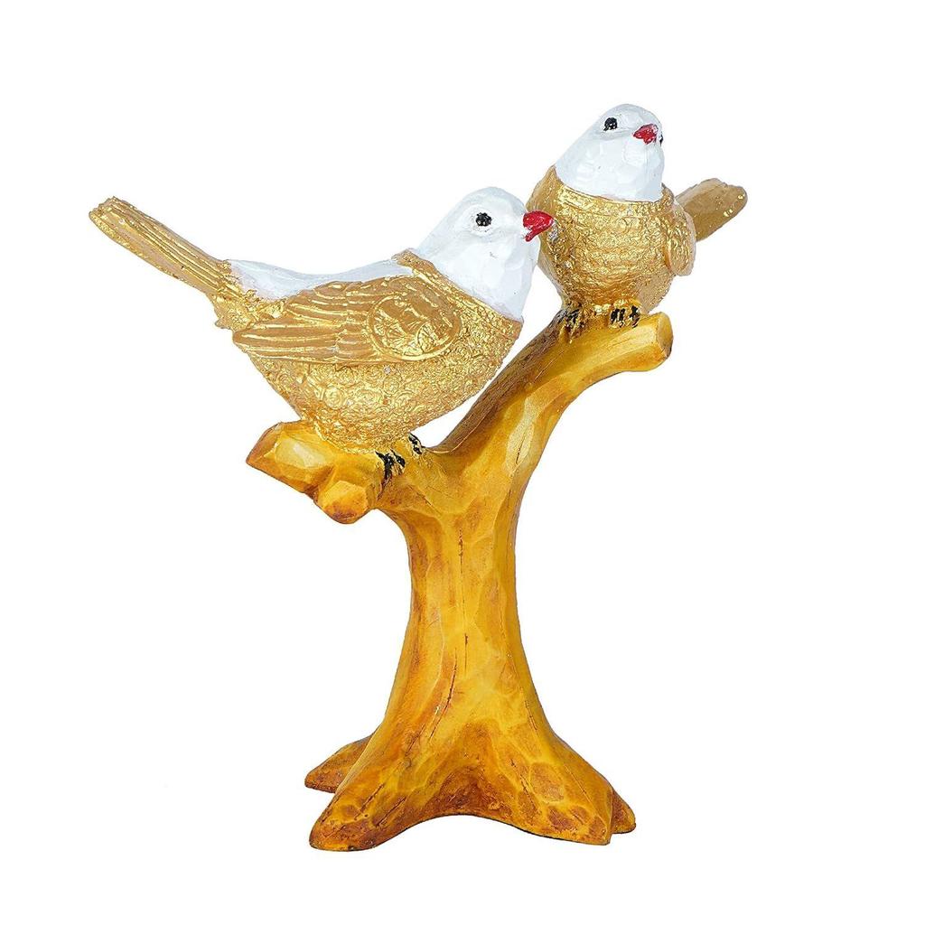 2 Birds Sitting On Tree Branch Figurine Home Decoration Showpiece Chidiya Statue for Home Decor Item Sparrow Pair Showpiece (Golden)