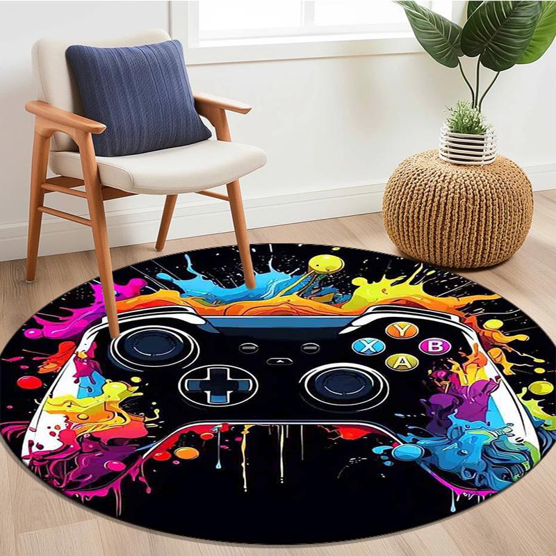 1PC Colorful Game Controller Patterns Round Rug, Non-slip Floor Mat for Living Room, Bedroom, Bathroom, Holiday Home Decoration