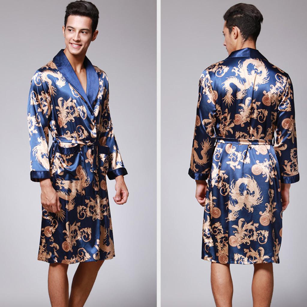Мужская имитация шелкового принта, большие размеры, пижамы, нижнее белье, халат, халат, халат L синий
