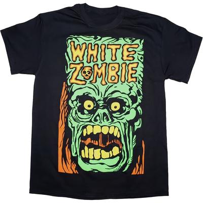 Vintage White Zombie Band Graphic Print Short Sleeve Black T-Shirt for Men Casual Round Neck Tee with Bold Skull Design