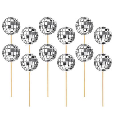 12 Pcs Disco Cake Sign Cupcake Decoration Ball Gold Wedding Insert Inset Wood + Glass Decorative Pick Baby Birthday Topper