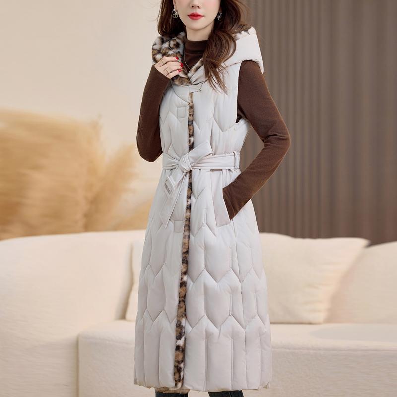 Fashion Winter Women's Long Warm Vest Hooded Thick Sleeveless Jackets Woman Coat With Belt