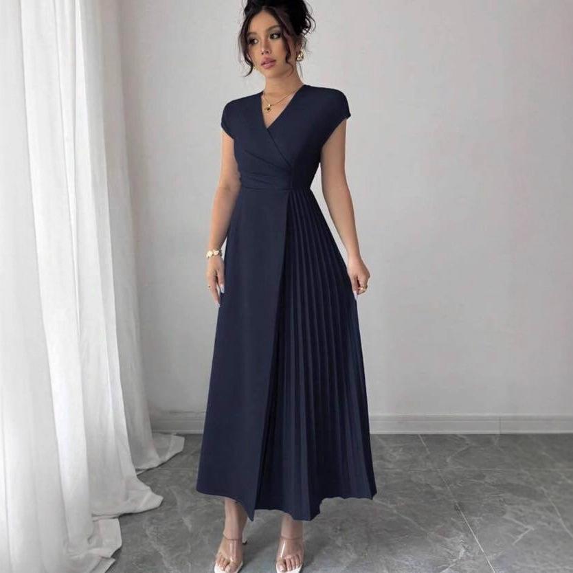 Robe décontractée slim plissée à col en V été 2025 pour femmes, style européen et américain - Nouvelle mode, tempérament