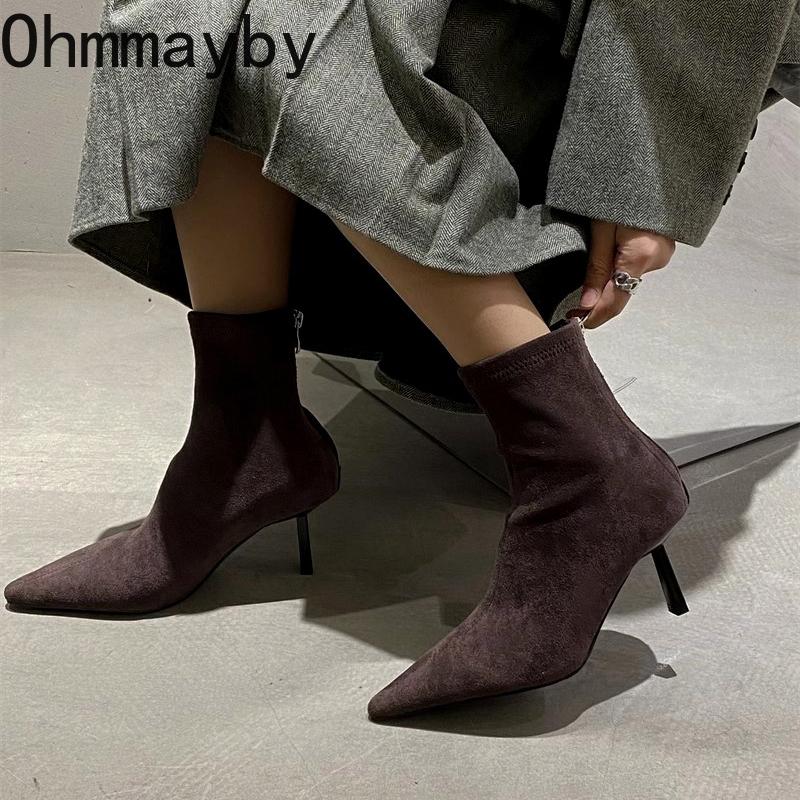 Autumn High Heel Stretch Slim Women Ankle Boots Autumn Ladies Elegant Pointed Toe Short Botas  De Mujer