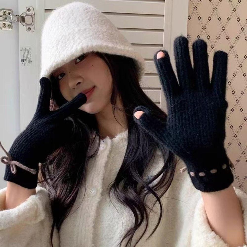 Knitted Texture Touch Screen Gloves Solid Color Full Finger Mittens Outdoor Sports