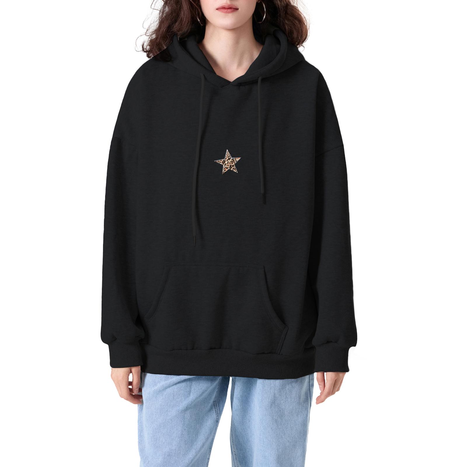

Женская толстовка с капюшоном, свободная, с длинными рукавами, принтом звезд, с передним карманом для уличной моды на осень-зиму L чёрный