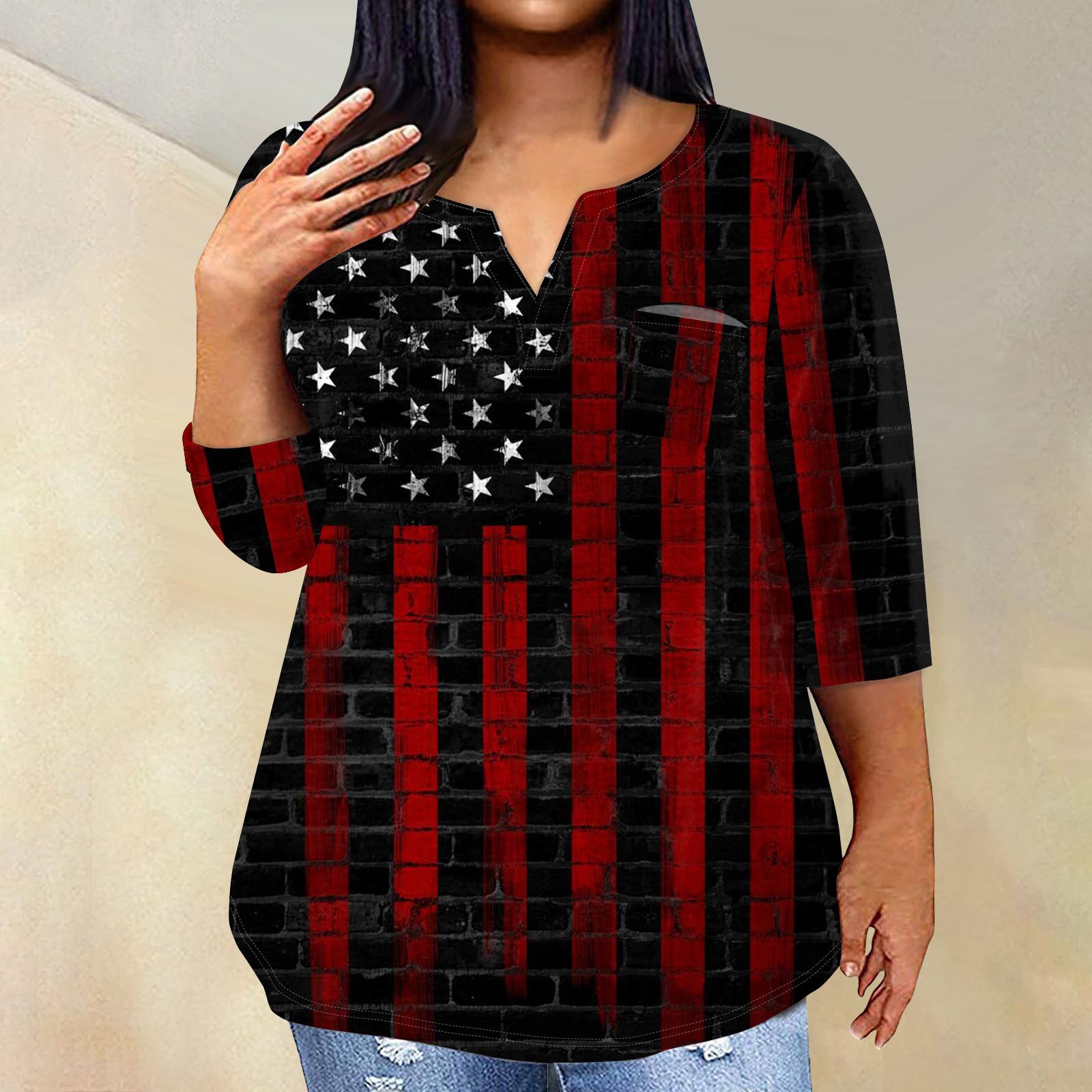 

Женский модный повседневный пуловер с рукавом три четверти с принтом в честь Дня независимости и V-образным вырезом, топ с рукавами 3/4 XL винный