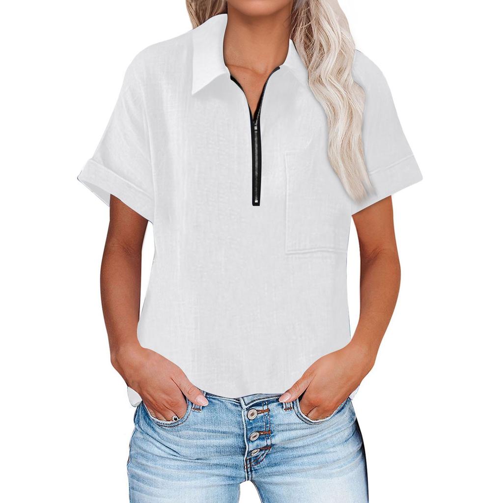 Women Summer Top Short Sleeve Fit Shirt  Fashion Casual Clothes Shirt Half Zipper Short-sleeved Top
