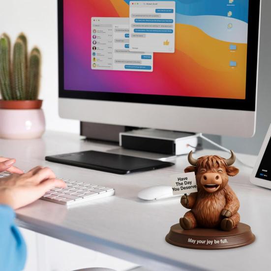 Highland Cow Figurine Emotional Support Highland Cow Statue Resin Cow Ornament with Funny Quotes Straight-Talking Companion for Desk Bookshelf Decor