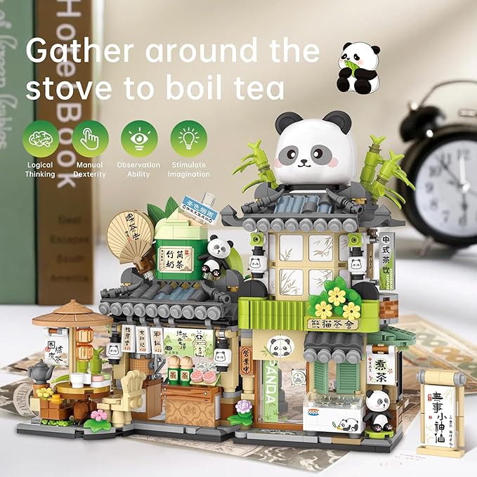 Cute Panda Street View Coffee Shop Mini Building Blocks Creative Building Toys Construction Set Educational Building Toys