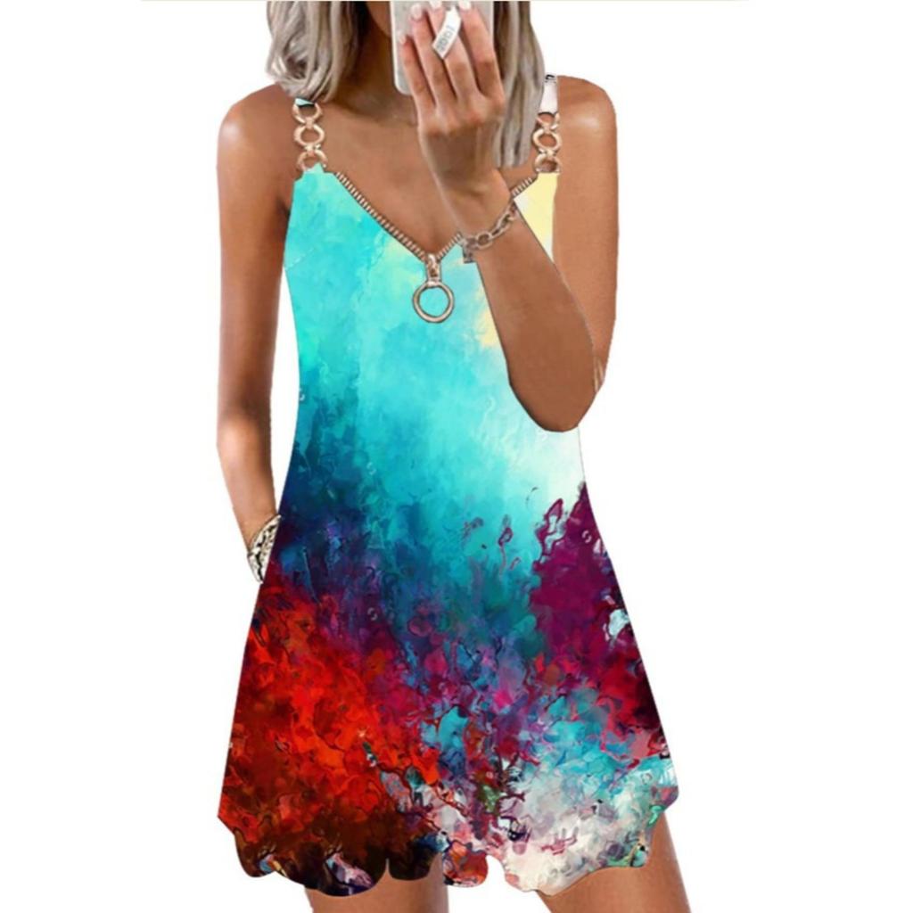 2025 New Fashion Printed Zipper Plus Size Loose Sleeveless Slip Slip Dress Foreign
