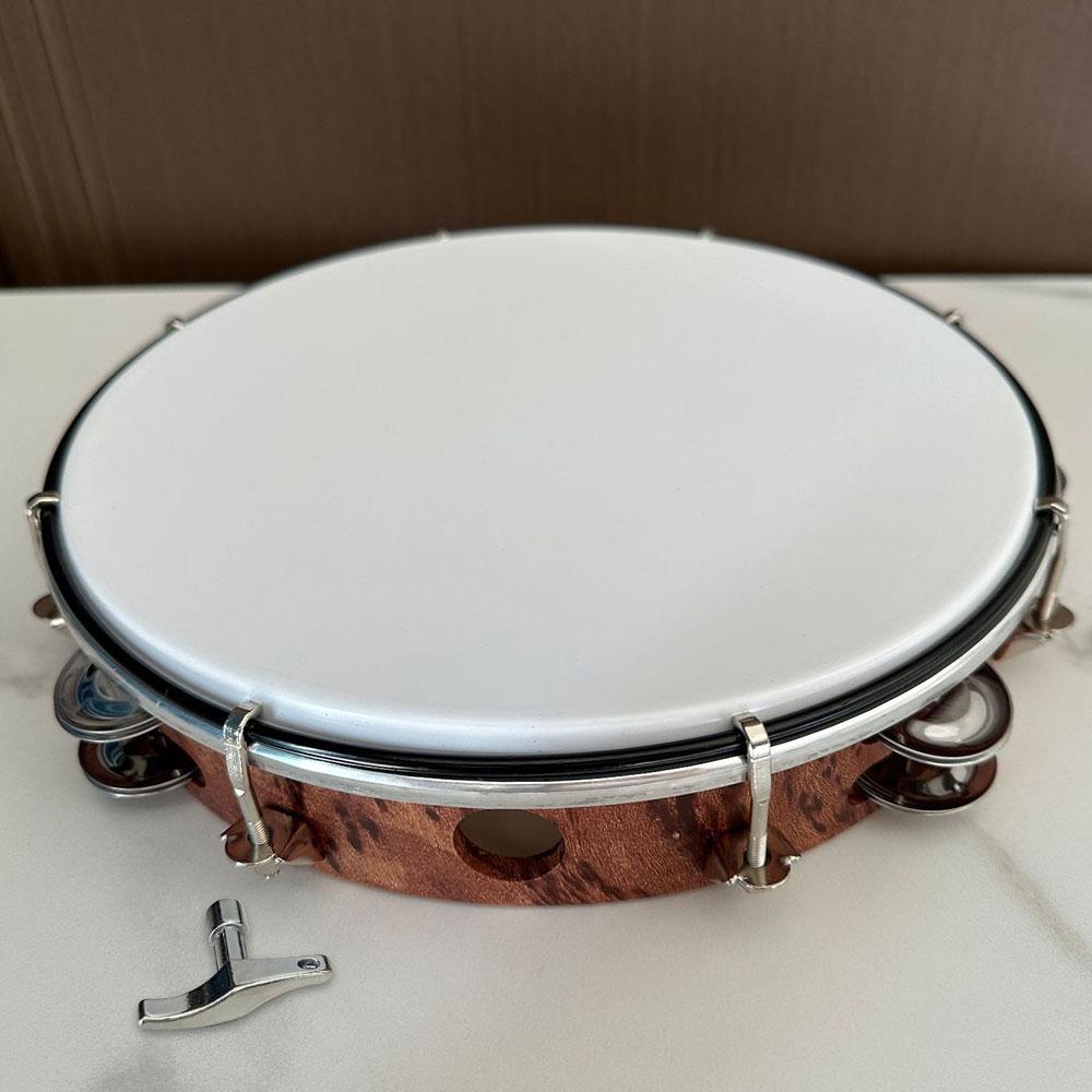 10-inch Tambourine Double Row Stainless Steel Bells with Adjustment Tuning Tool Hand Clapper Drum Performing